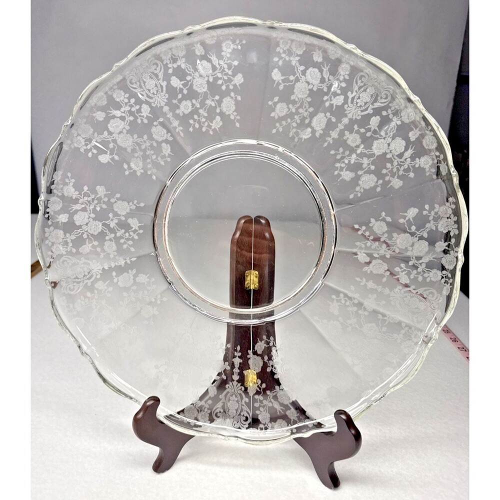 Cambridge Rose Point Etched Glass Serving plate 14.5" Elegant Crystal Vintage